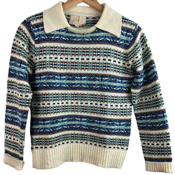 Vintage 70s Ricki Collared Crewneck Argyle Stripe Sweater Medium - Picture 6 of 11